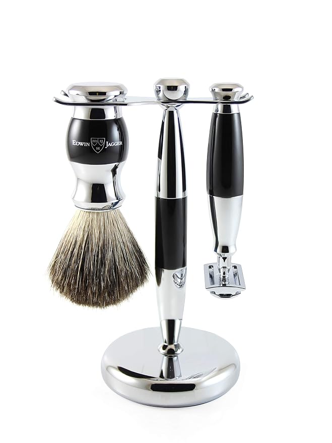 Edwin Jagger 3pc Imitation Ebony & Chrome Double Edge Shaving Set (DE)