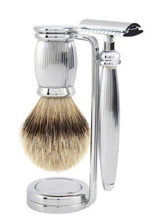 Load image into Gallery viewer, Edwin Jagger Bulbous Lined DE Shaving Set, Silver Tip Badger

