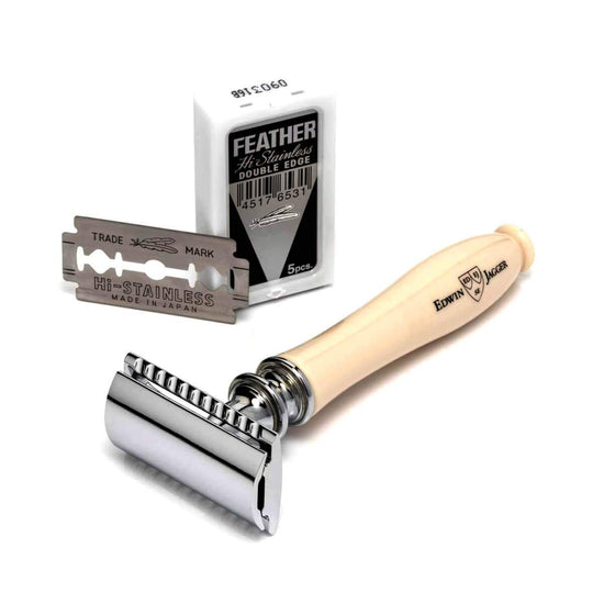 Edwin Jagger Chatsworth Imitation Ivory 3 Peice DE Shaving Set-Silver Tip Brush