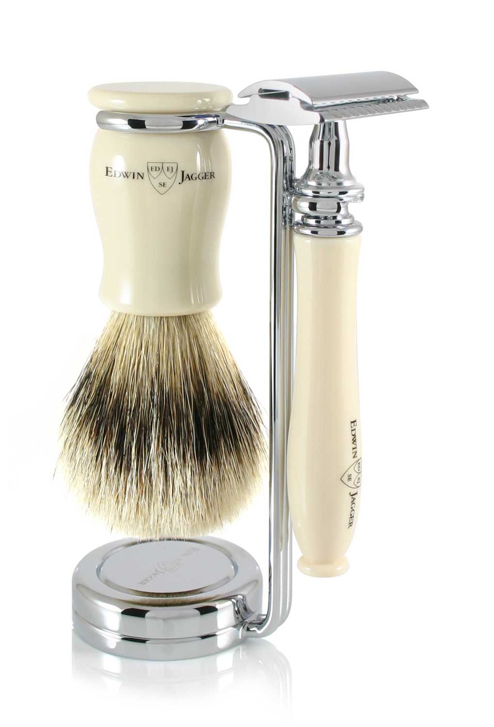 Edwin Jagger Chatsworth Imitation Ivory 3 Peice DE Shaving Set-Silver Tip Brush