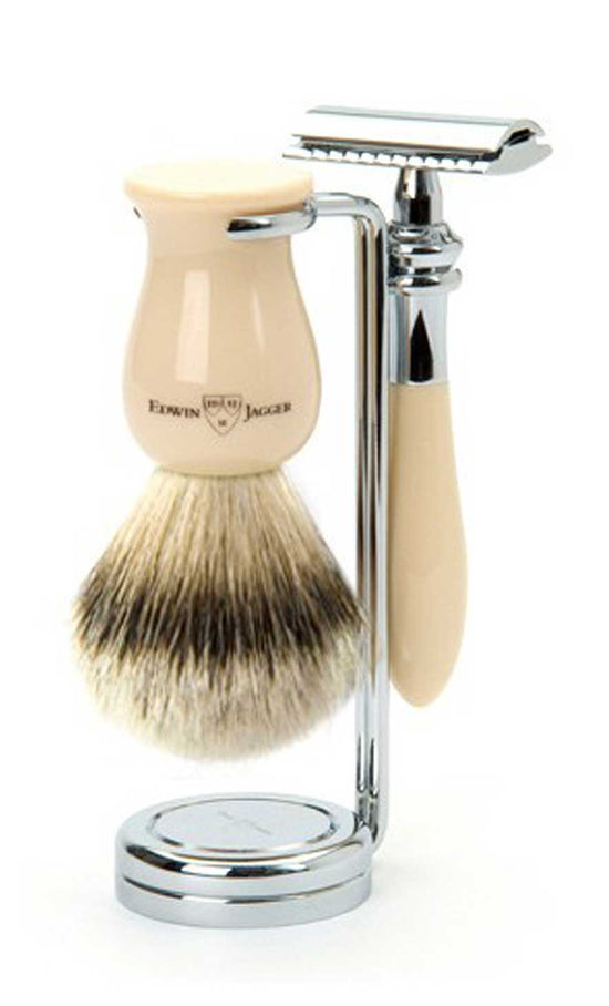 Edwin Jagger Plaza Imitation Ivory 3 Peice DE Shaving Set W/Silver Tip Badger