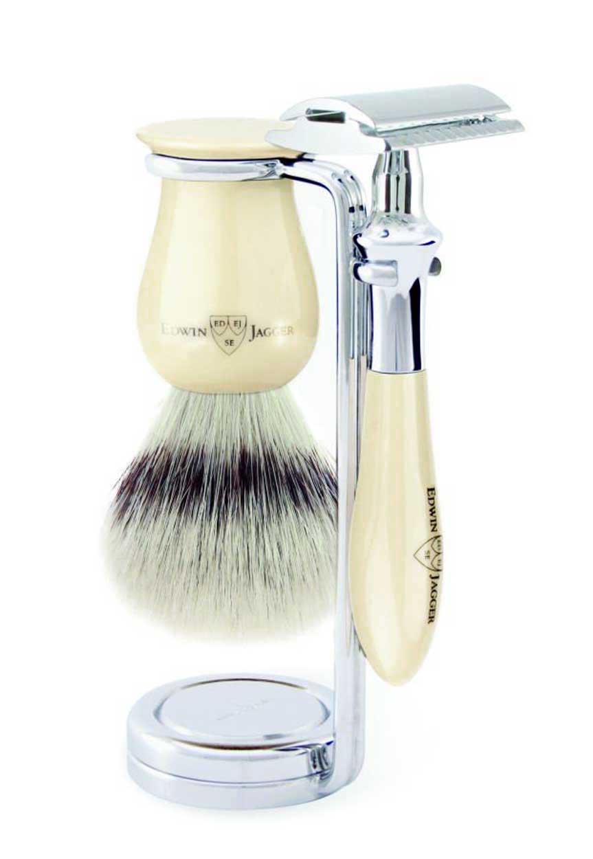 Load image into Gallery viewer, Edwin Jagger Imitation Ivory 3 Piece Plaza Range DE Shaving Set W/Synthetic Silver Tip Brush â¦
