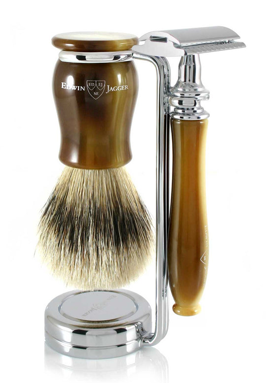 Edwin Jagger Chatsworth Imitation Light Horn 3 Peice DE Shaving Set W/ Silver Tip Badger