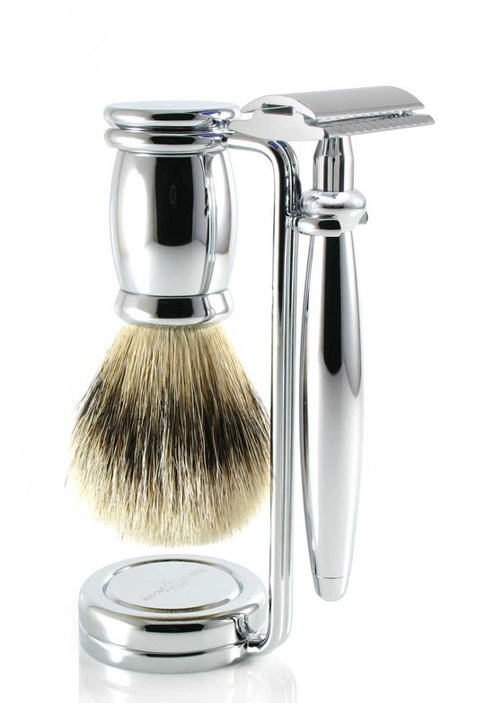 Edwin Jagger Bulbous Chrome DE Shaving Set, Silver Tip Badger