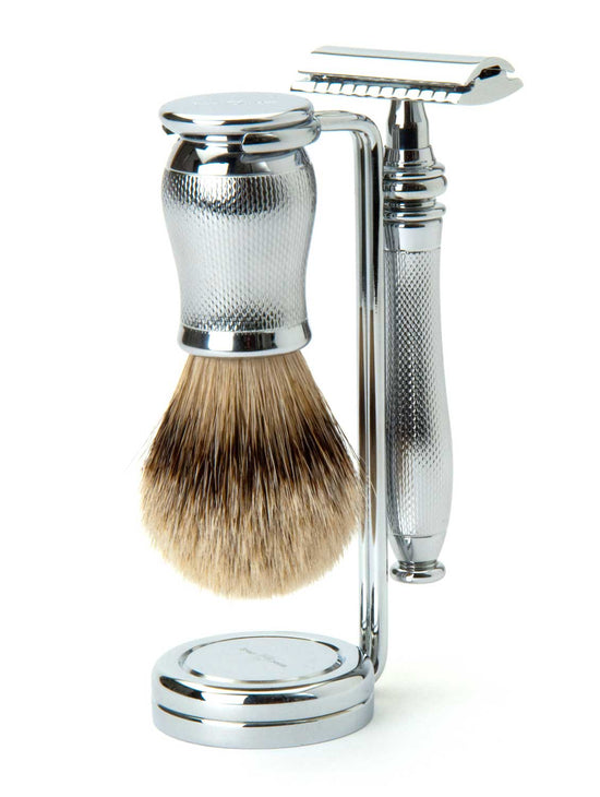 Load image into Gallery viewer, Edwin Jagger Chatsworth Barley Chrome 3 Piece  Safety Razor Set W/ Silver Tip Badger
