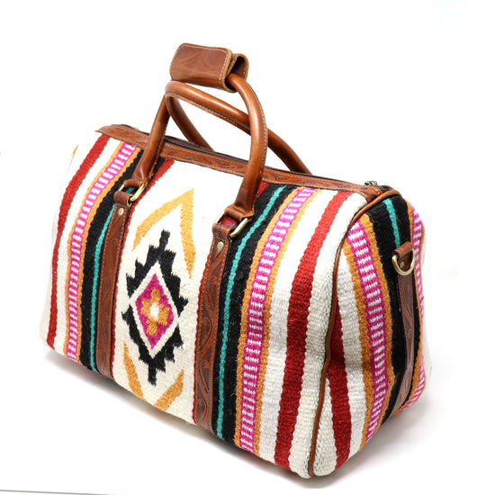 Load image into Gallery viewer, Southwestern Style Duffle Bag With Tooled Leather
