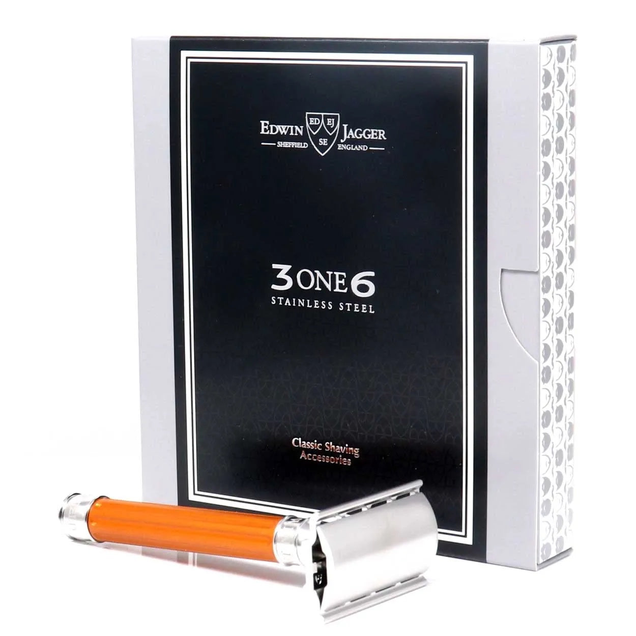 Edwin Jagger 3ONE6 DE Stainless Steel Safety Razor, Grooved, Anodised Orange, 1x Pack of Feather Raz