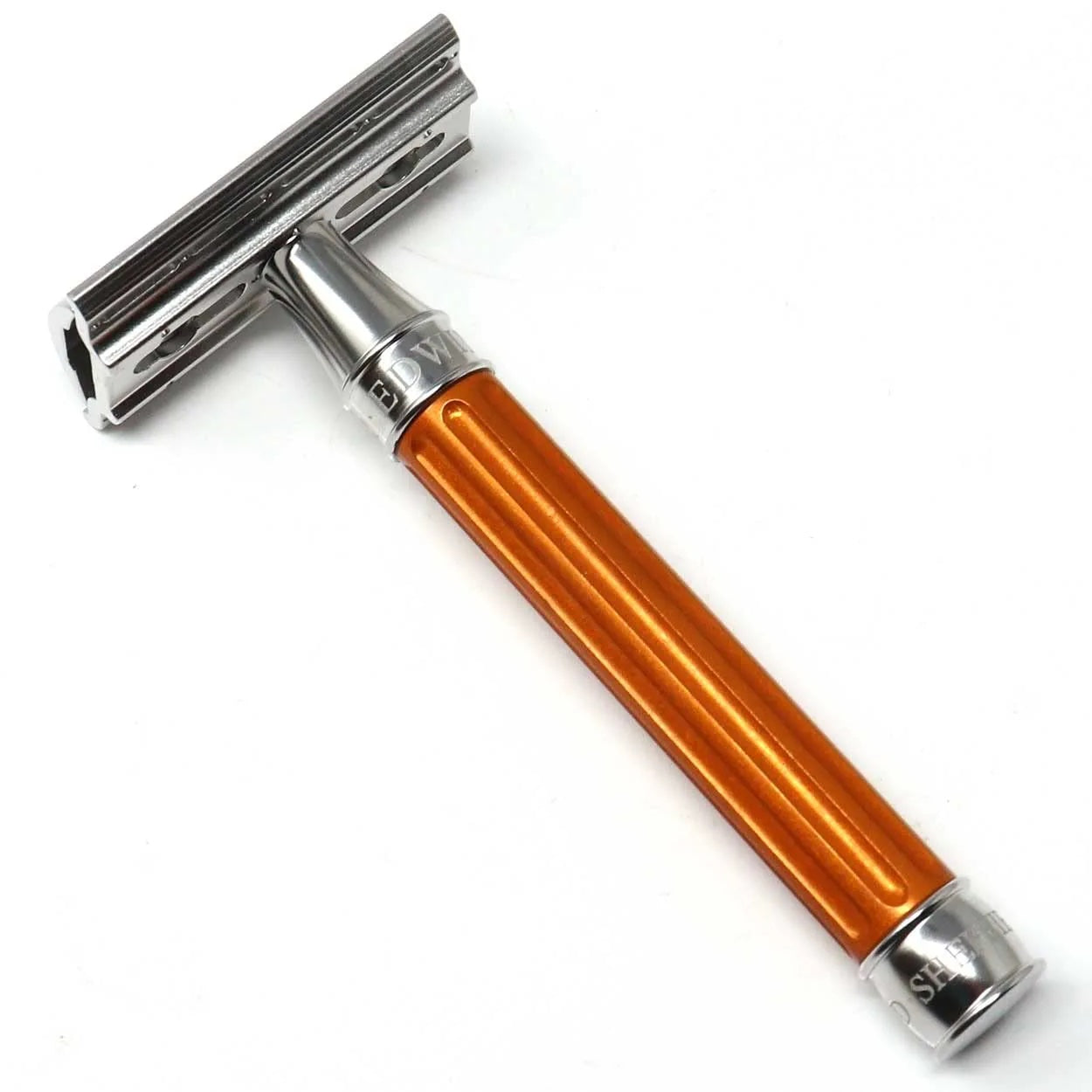 Edwin Jagger 3ONE6 DE Stainless Steel Safety Razor, Grooved, Anodised Orange, 1x Pack of Feather Raz