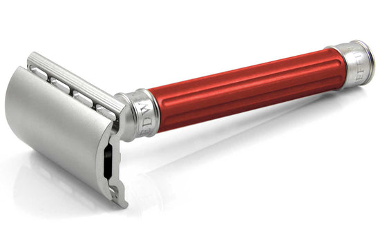 Edwin Jagger 3ONE6 DE Stainless Steel Safety Razor, Grooved, Anodised Red, 1x Pack of Feather Razor