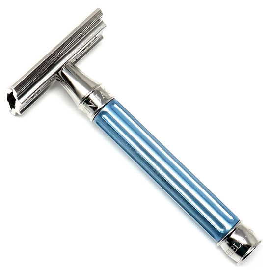 Edwin Jagger 3ONE6 DE Stainless Steel Safety Razor, Grooved, Anodised Light Blue, 1x Pack of Feather