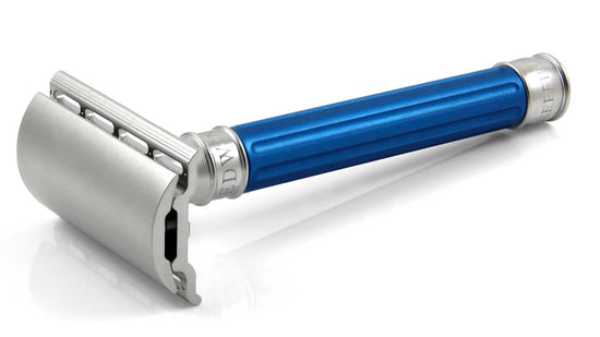 Edwin Jagger 3ONE6 DE Stainless Steel Safety Razor, Grooved, Anodised Blue, 1x Pack of Feather Razor
