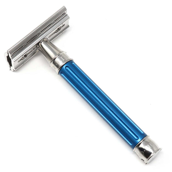 Edwin Jagger 3ONE6 DE Stainless Steel Safety Razor, Grooved, Anodised Blue, 1x Pack of Feather Razor