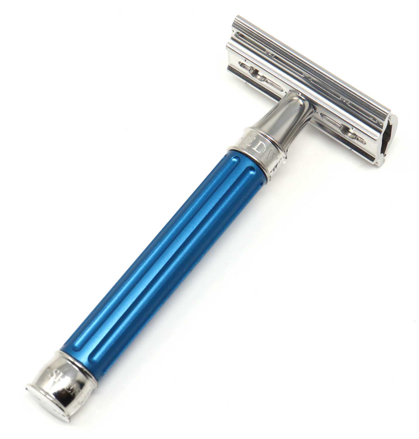 Edwin Jagger 3ONE6 DE Stainless Steel Safety Razor, Grooved, Anodised Blue, 1x Pack of Feather Razor