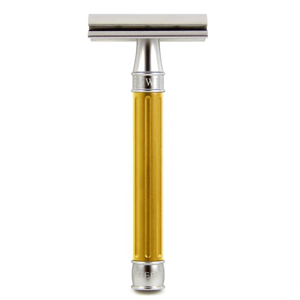 Edwin Jagger 3ONE6 DE Stainless Steel Safety Razor, Grooved, Anodised Yellow, 1x Pack of Feather Raz