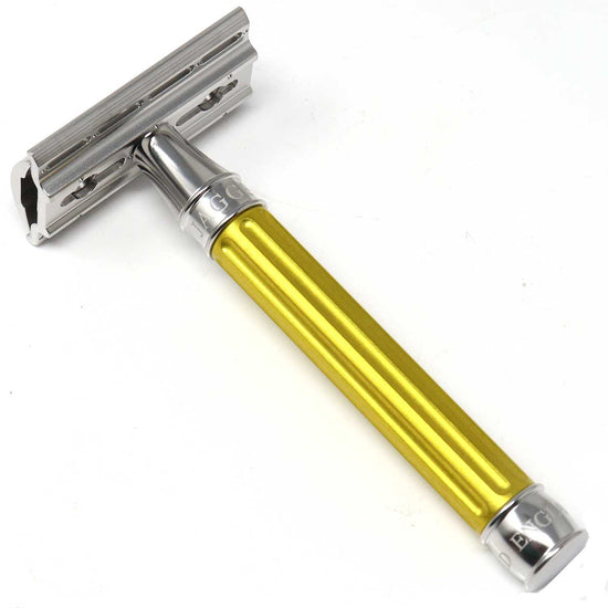 Edwin Jagger 3ONE6 DE Stainless Steel Safety Razor, Grooved, Anodised Yellow, 1x Pack of Feather Raz
