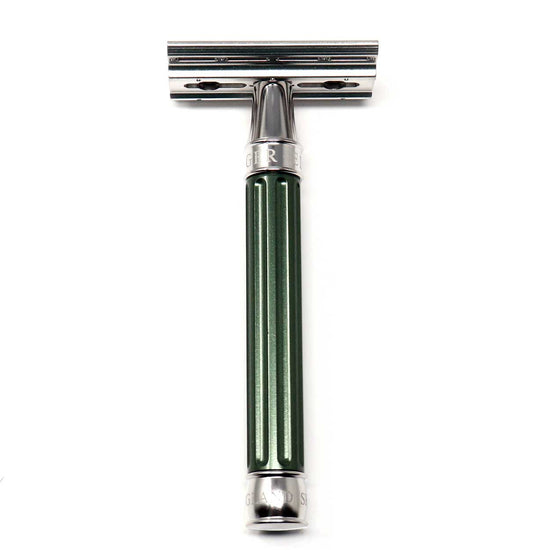 Edwin Jagger 3ONE6 DE Stainless Steel Safety Razor, Grooved, Anodised Green, 1x Pack of Feather Razo