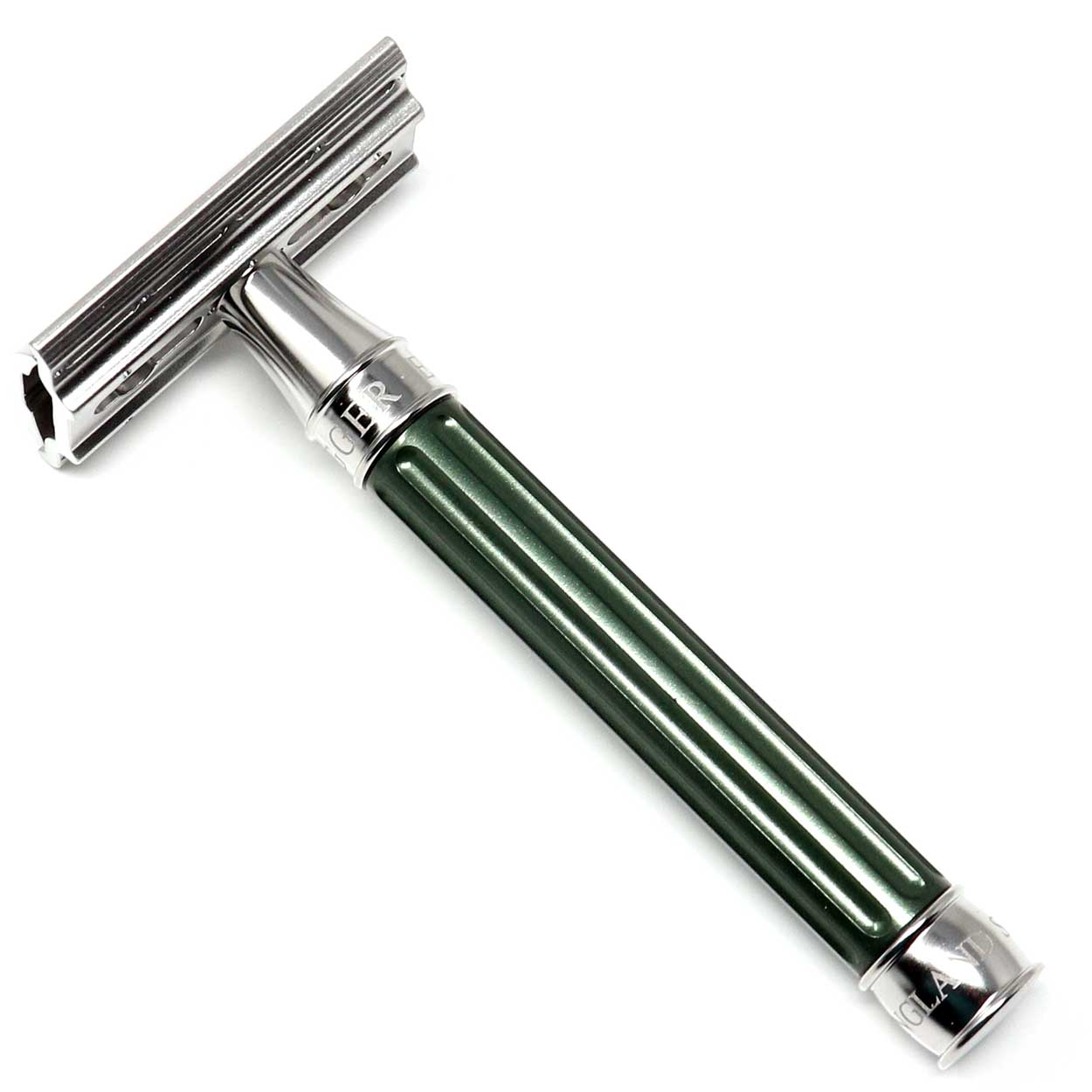 Edwin Jagger 3ONE6 DE Stainless Steel Safety Razor, Grooved, Anodised Green, 1x Pack of Feather Razo