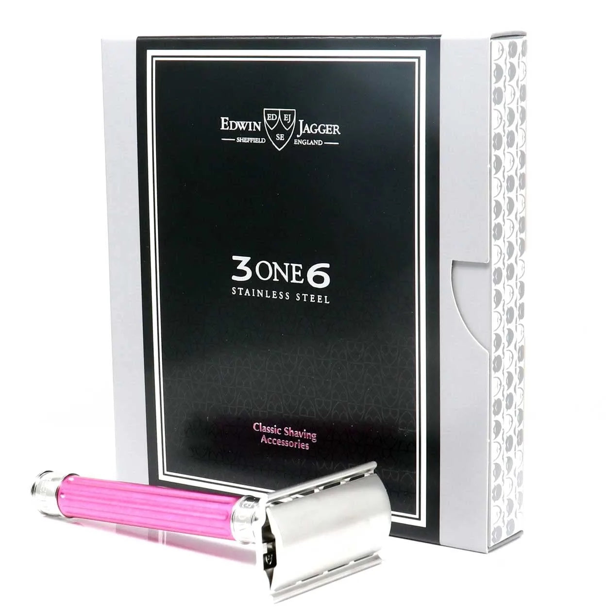 Edwin Jagger 3ONE6 DE Stainless Steel Safety Razor, Grooved, Anodised Pink, 1x Pack of Feather Razor