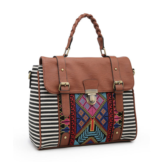 Load image into Gallery viewer, Harlow Aztec Embroidered Satchel w/ Braided Handle and Detachable Strap
