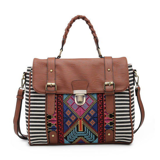 Load image into Gallery viewer, Harlow Aztec Embroidered Satchel w/ Braided Handle and Detachable Strap
