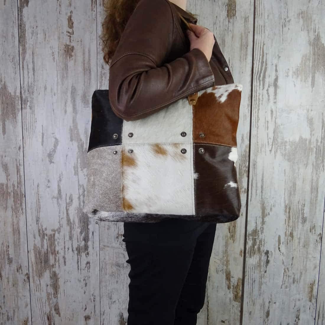 Multi Patch Cowhide Tote by Myra