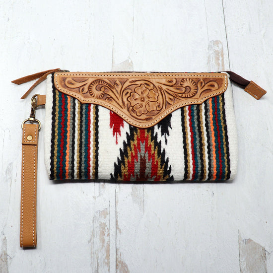 Load image into Gallery viewer, Handtooled Leather &amp;amp; Woven Wristlet
